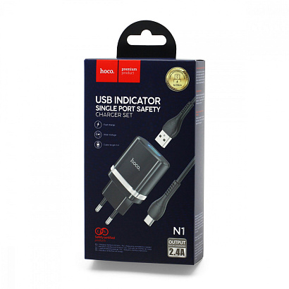 СЗУ с выходом USB Hoco N1 (2.4A/1USB/кабель Micro) черное