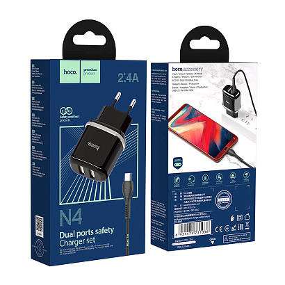 СЗУ с выходом USB Hoco N4 (2.4A/2USB/кабель Micro USB) черное