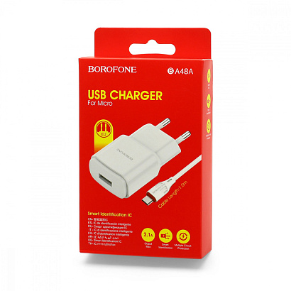 СЗУ с выходом USB Borofone BA48A (2.1A/кабель micro USB) белое