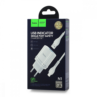 СЗУ с выходом USB Hoco N1 (2.4A/1USB/кабель Lightning) белое