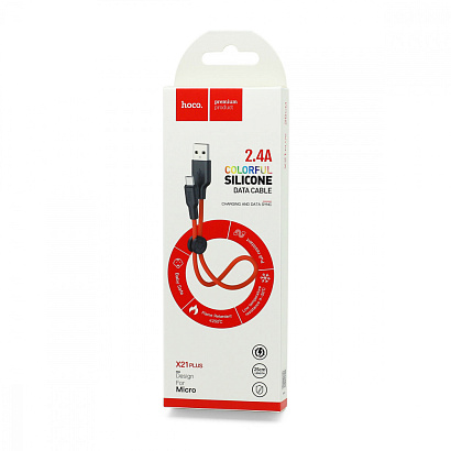 Кабель USB - Micro USB HOCO X21 "Plus Silicone" (2.4А, 25см) черно-красный